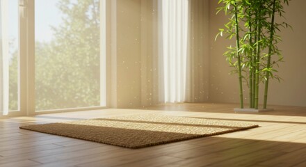 Tranquil sunlit room with bamboo
