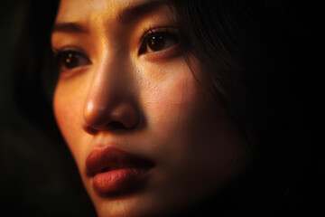 Fototapeta premium Melancholic gaze captured in warm light on skin