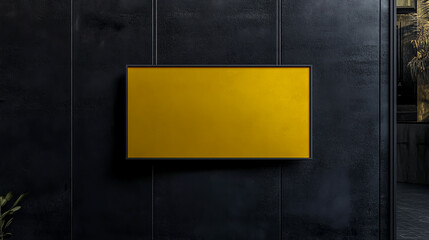 A modern interior featuring a framed yellow artwork against a textured black wall with atmospheric lighting