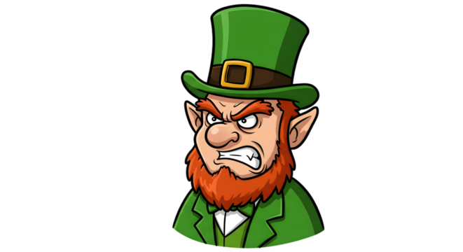 Angry leprechaun clip art, standing with clenched fists and a furious expression on transparent background