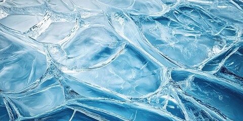 Close-up of blue-tinted irregular ice cubes with fine cracks and a translucent cold texture.