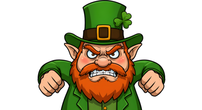 Mischievous leprechaun with a beet-red face, clenched teeth, and steam coming from his ears, in digital illustration.