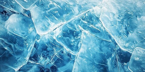 Close-up of blue-tinted irregular ice cubes with fine cracks and a translucent cold texture.