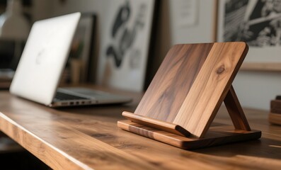 Handcrafted Wooden Book Stand on Desk with Laptop and Framed Artwork in Natural Light