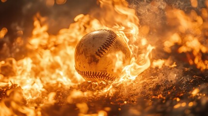 Baseball engulfed in flames close up dramatic action shot sports equipment burning bright orange fire danger