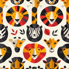 seamless pattern of African animal faces icons, lion, giraffe, zebra, elephant, flat vector design