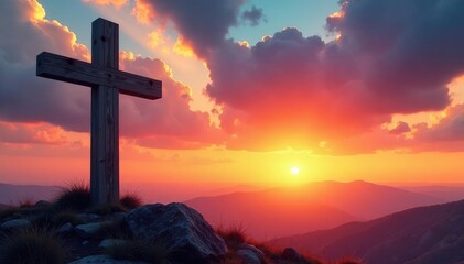A wooden cross standing tall against a dramatic sunset sky , spiritual, clouds, religion