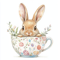 Cute bunny in teacup looks adorable, awaiting spring