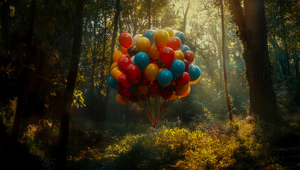 A vibrant bunch of colorful balloons floating against a sunlit forest backdrop scene