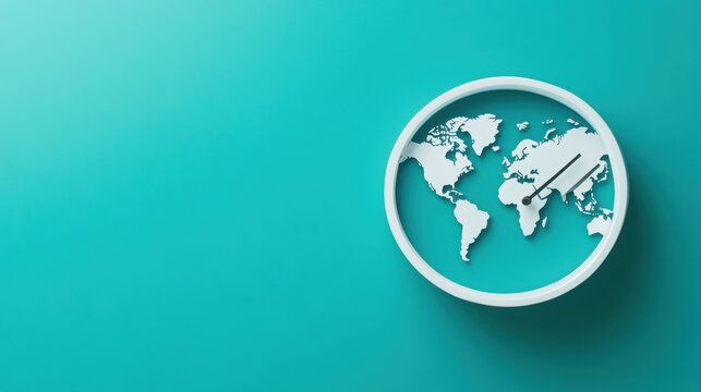 Global Time Concept Still Life of World Map Clock on Teal Background Top View Minimalist Style for Business or Travel - Powered by Adobe