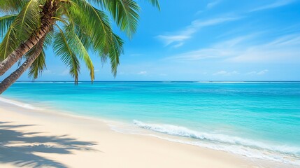 Fototapeta premium A pristine tropical beach stretches beneath a vibrant turquoise ocean, framed by lush greenery and bathed in warm sunlight.