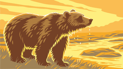 Majestic brown bear stands on shore, illuminated by warm sunset, with water droplets glistening