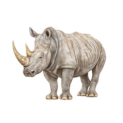 Obraz premium Majestic rhinoceros stands powerfully against a stark white background view.