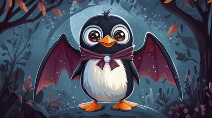 Obraz premium Cute cartoon penguin with bat wings in a forest at night.