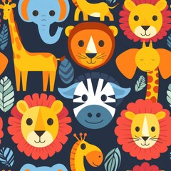 Naklejka premium seamless pattern of African animal faces icons, lion, giraffe, zebra, elephant, flat vector design