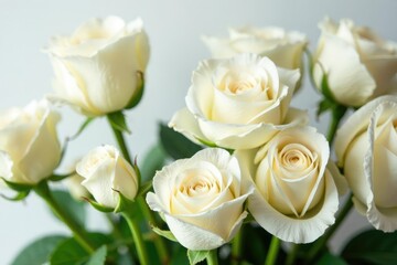 Arrangement of several white roses, varying stages of bloom, event, garden