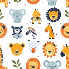 Naklejka premium seamless pattern of African animal faces icons, lion, giraffe, zebra, elephant, flat vector design