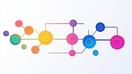 A colorful network of connected circles and lines on a white background with gradient effect