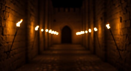 Fototapeta premium Torch Lit Stone Hallway in Dark Medieval Castle
