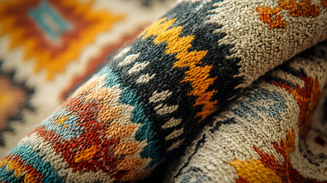 Colorful textiles displaying native american and ethnic inspired geometric designs