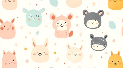A seamless pattern bursts with adorable cartoon animals ? rabbits, bears, foxes, and birds ? rendered in soft pastel shades and playfully arranged within a charming, whimsical design.