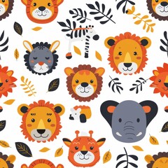 Fototapeta premium seamless pattern of African animal faces icons, lion, giraffe, zebra, elephant, flat vector design