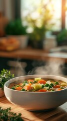Steaming bowl of soup close up