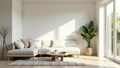Bright, airy minimalist living room with simple furniture and natural light Clean lines and neutral color palette , relaxing, contemporary