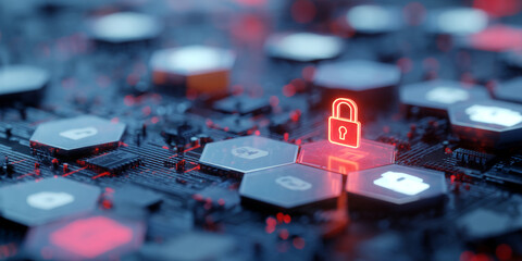 Red glowing padlock icon on hexagonal circuit board, symbolizing digital security and data protection, suitable for tech or cybersecurity concepts