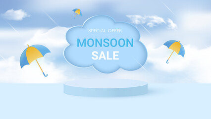 Cylindrical podium for displaying products during the rainy season. Design with realistic clouds and colorful umbrellas. Place for text. Vector