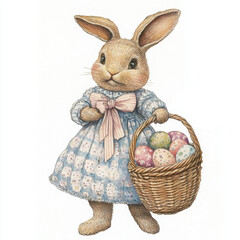Obraz premium Vintage easter bunny in pastel dress looks adorable carrying basket