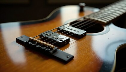 Fototapeta premium Close-up of a worn, vintage guitar with a slide lying on its fretboard, reflecting soft light , vintage, blues scale, musical