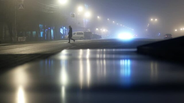 Girl pedestrian walk and car traffic along a dark gloomy deserted city huge square at night in fog with poor visibility