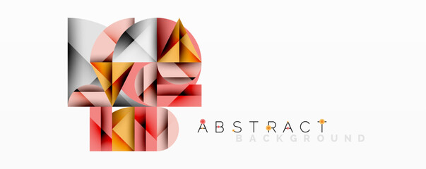 Geometric shapes overlap, creating modern abstract design. Pink, gray, orange hues dominate composition. Clean background enhances visual impact.