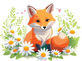 Fototapeta premium Charming baby fox sitting among delicate daisies, illustrated with soft pastel shades and clean minimal lines. Suitable for nursery art, wall prints, and whimsical designs.