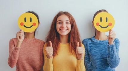 Three young women with happy emojis and thumbs up posing in front of a white background smiling