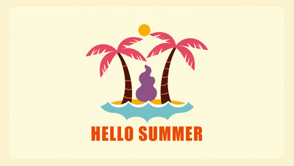 Minimal flat illustration of a summer scene with palm trees, sun, ocean, and the phrase "Hello Summer" in playful typography on a light beige background