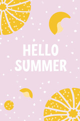 Fototapeta premium Flat vector design with the phrase 'Summer Vibes' in pink and orange text, above stylized sea and sand background.