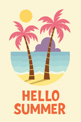 Fototapeta premium Flat summer illustration with two pink palm trees, waves, sun, and island silhouette, featuring the phrase 