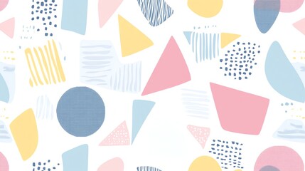 A seamless pattern of soft, pastel-colored geometric shapes?circles, squares, and triangles?creates a calming and abstract design.