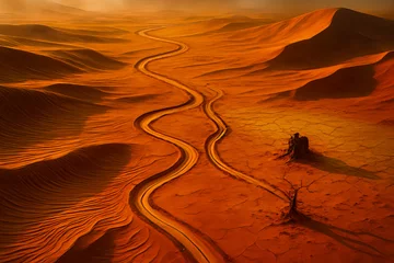 Fototapete Rund Aerial view of a winding road through a vast desert landscape with sand dunes and a barren tree © Hamidsheraz123