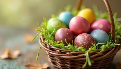 Obraz premium Colorful chocolate Easter eggs in a basket, ready for a springtime celebration , egg hunt, colorful eggs