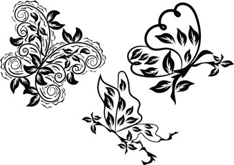 Three Ornate Butterfly Designs with Floral Accents