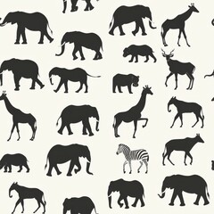 seamless pattern of African animal silhouettes, monochrome style, minimal modern design