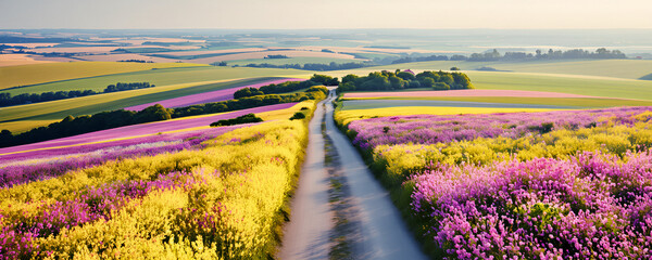 Suggestiva vista aerea di paesaggio con campi fioriti che si perdono all'orizzonte con viottolo di campagna