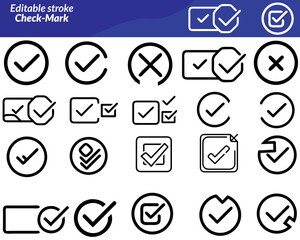 A Check Mark icon set with icons featuring checkboxes, tick marks, approval badges, lists, completed tasks, and validation symbols—ideal for apps, forms, UI design, and presentations.