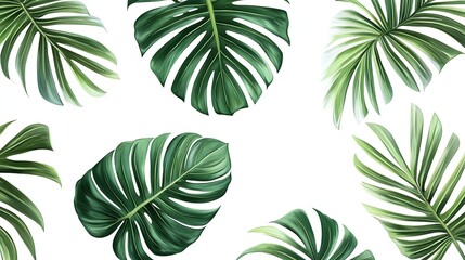 Naklejka premium A seamless pattern of vibrant green tropical leaves cascades across the image, evoking a lush and tranquil rainforest atmosphere.