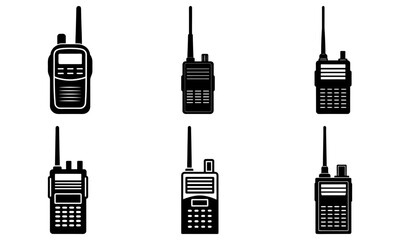 Illustration of six black walkie talkies with antennas in a symmetrical arrangement on a white background