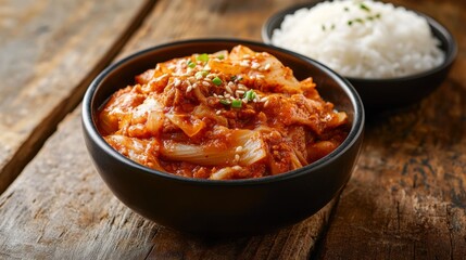 A bowl of spicy kimchi alongside a bowl of rice and other Korean side dishes on a traditional wooden dining table