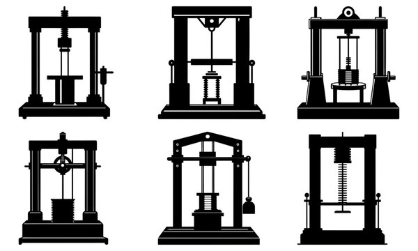 Illustration showing a variety of tensile testing machines in black silhouette against a white background